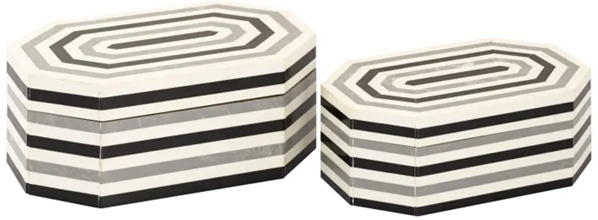 Octagonal Striped Box  -  Set of 2 White - Set of 2