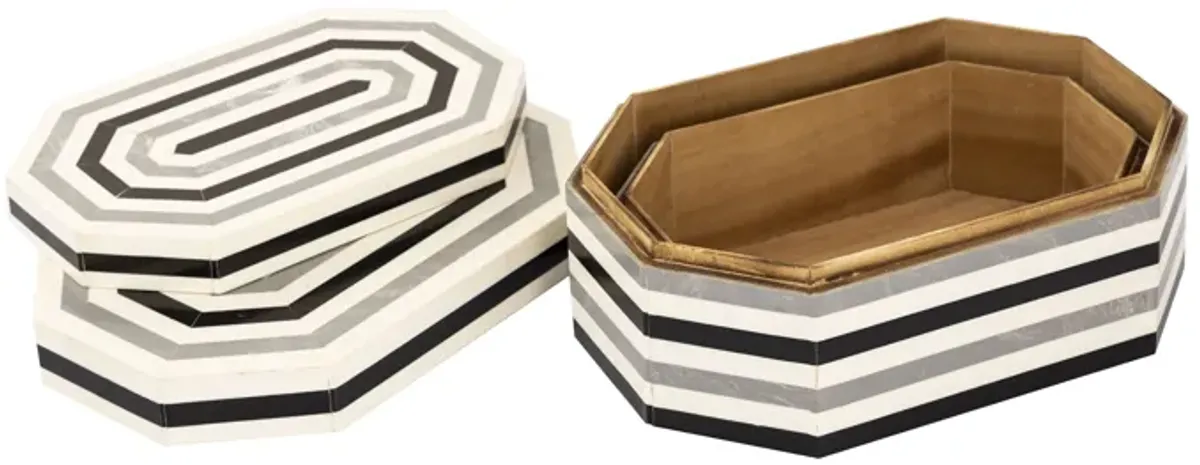 Octagonal Striped Box  -  Set of 2 White - Set of 2