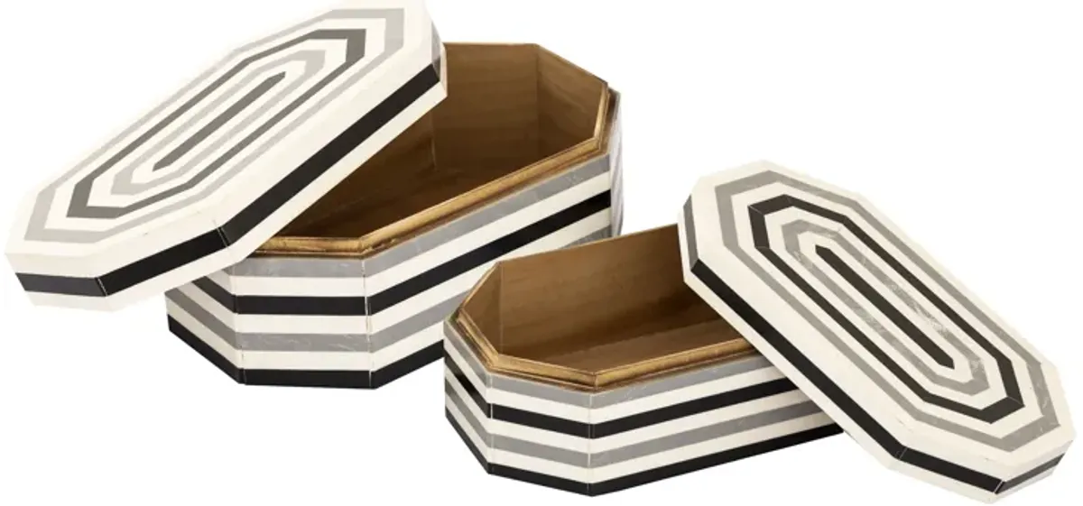 Octagonal Striped Box  -  Set of 2 White - Set of 2