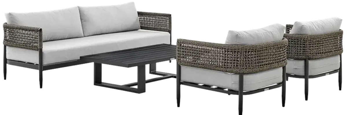 Felicia 4 Piece Outdoor Black Aluminum & Rope Conversation Set with Light Gray Fabric Cushions