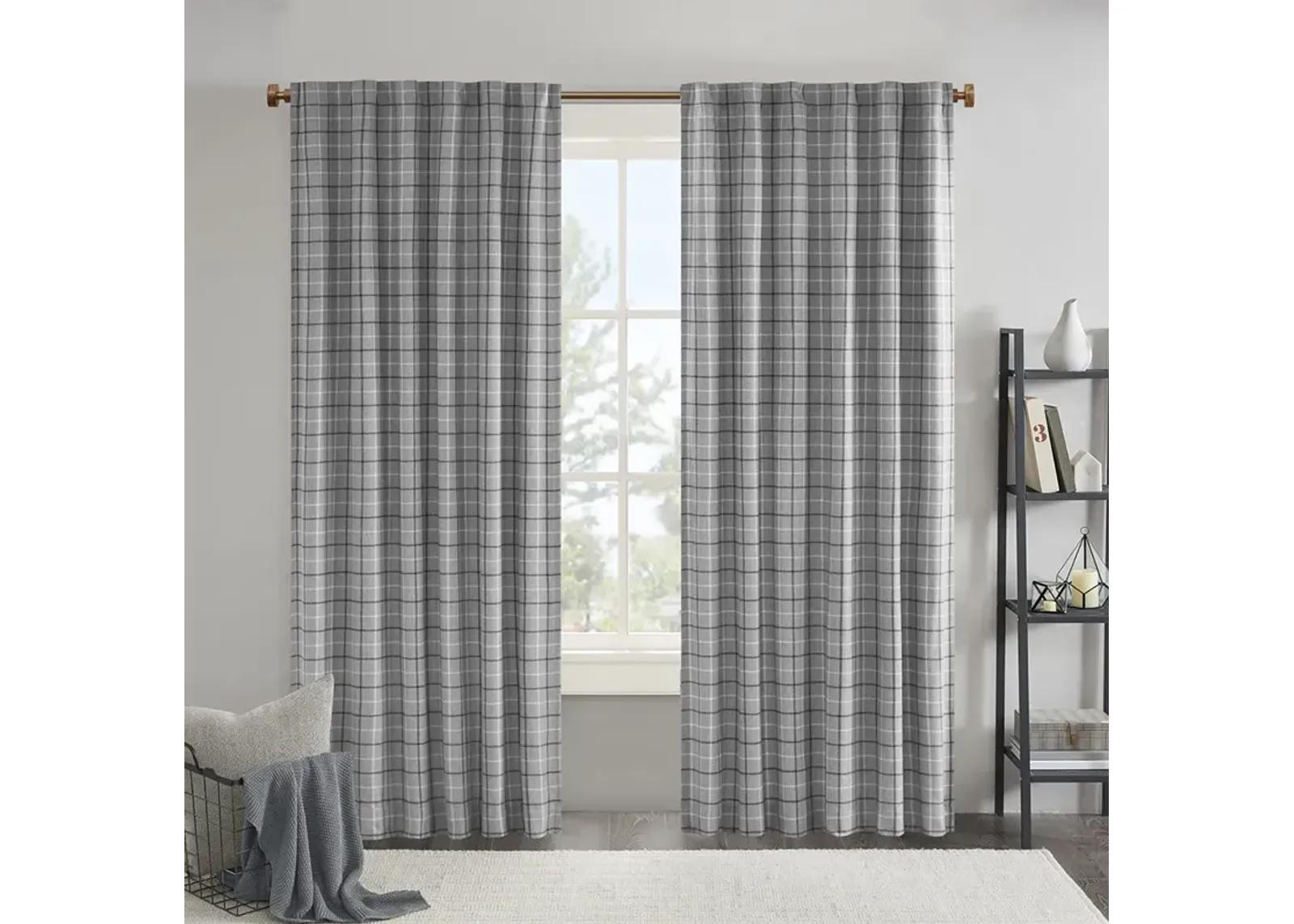 Plaid Rod Pocket and Back Tab Curtain Panel with Fleece Lining