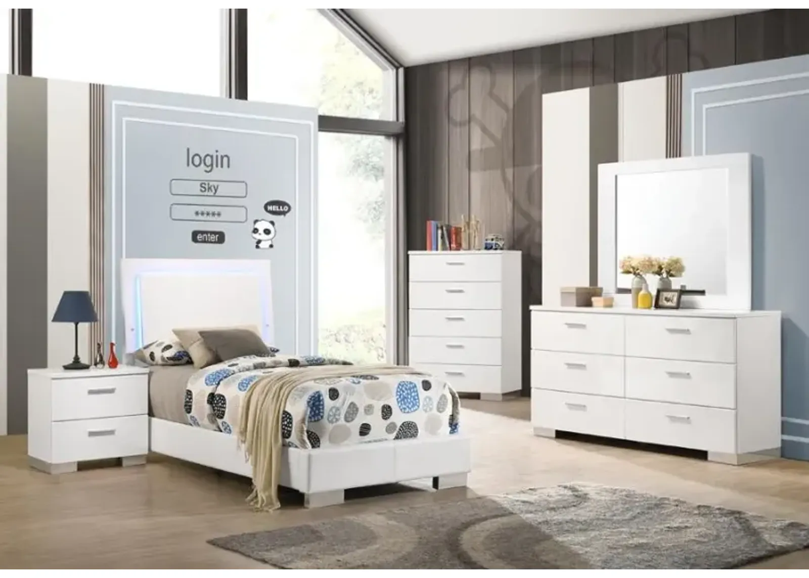 Felicity 5-piece Twin Bedroom Set with LED Headboard Glossy White