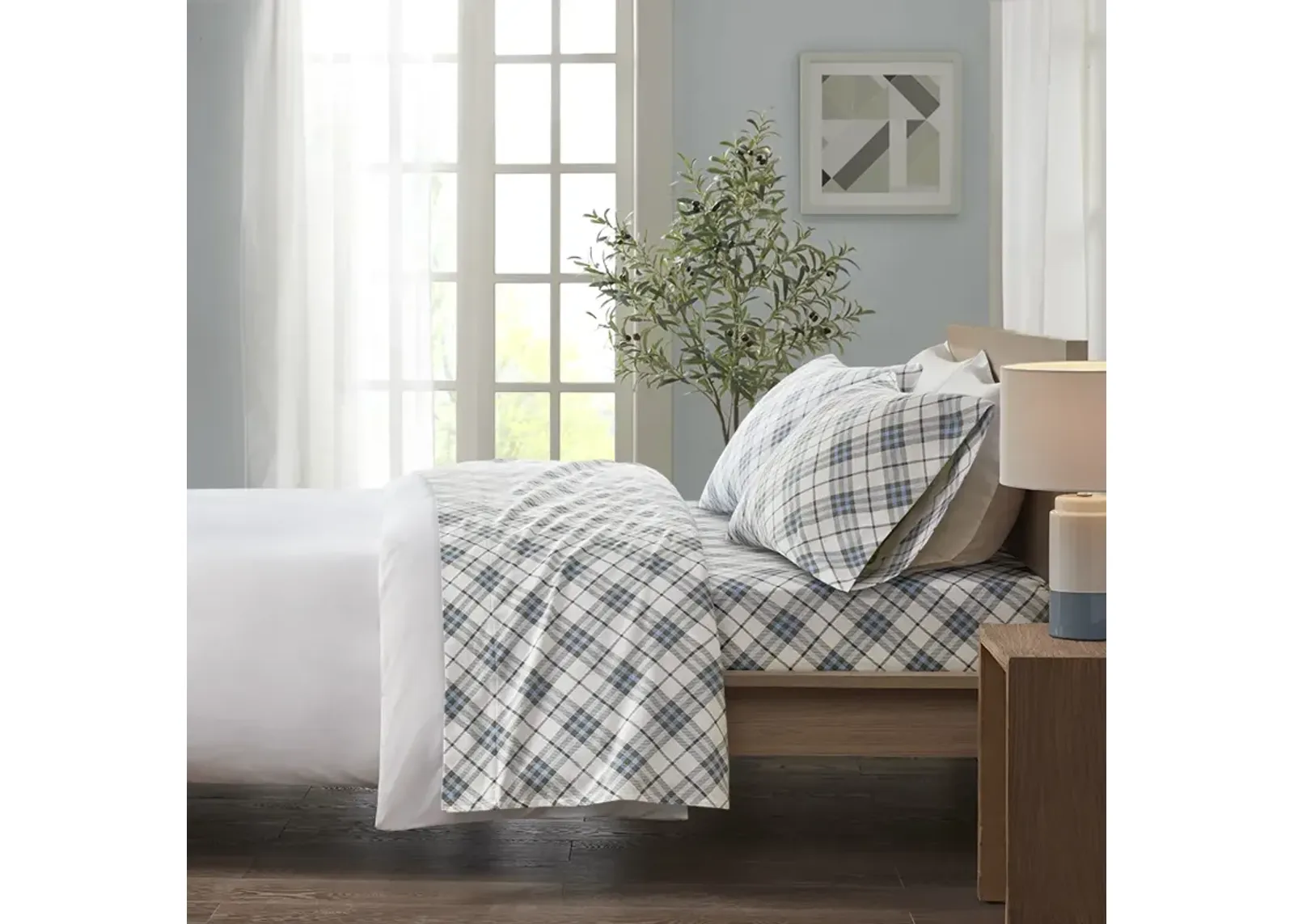 True North by Sleep Philosophy Cozy Flannel Blue Plaid Printed Sheet Set