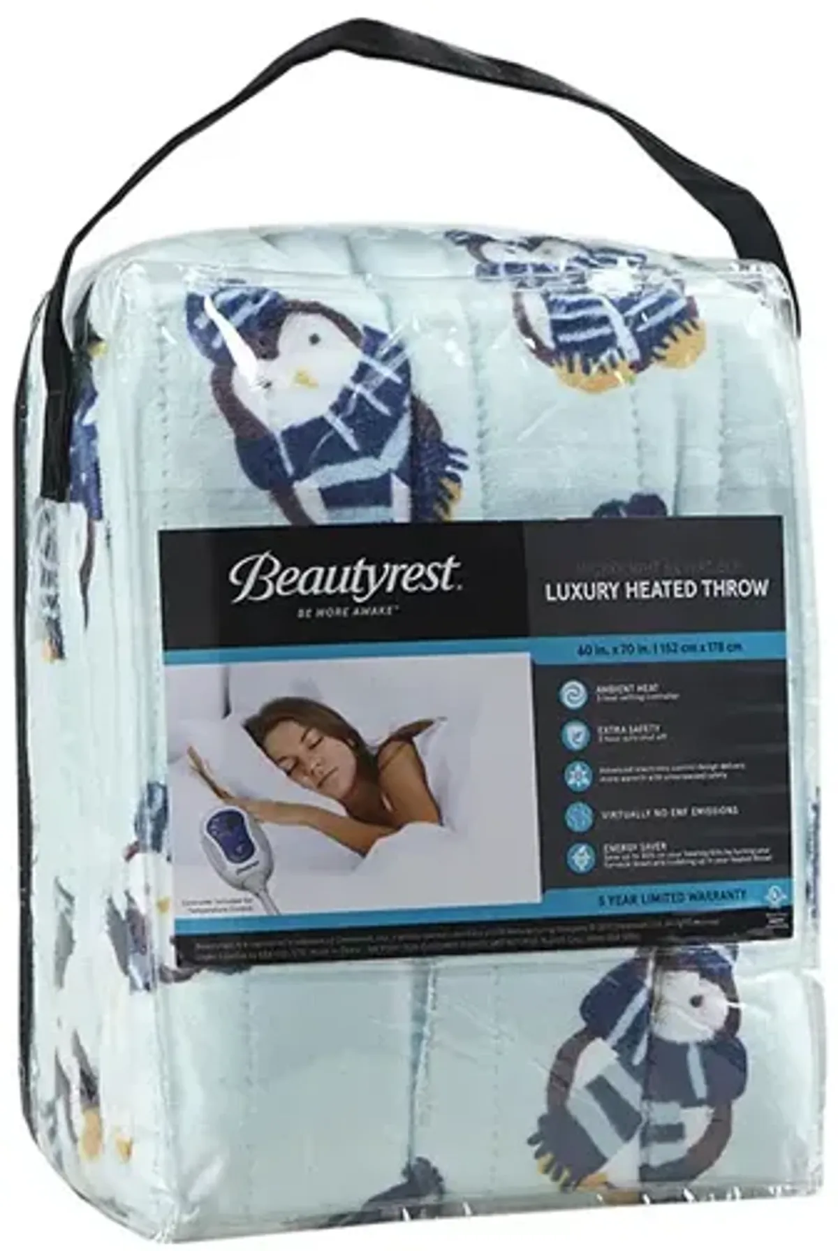 Beautyrest Oversized Plush Aqua Penguins Printed Heated Throw