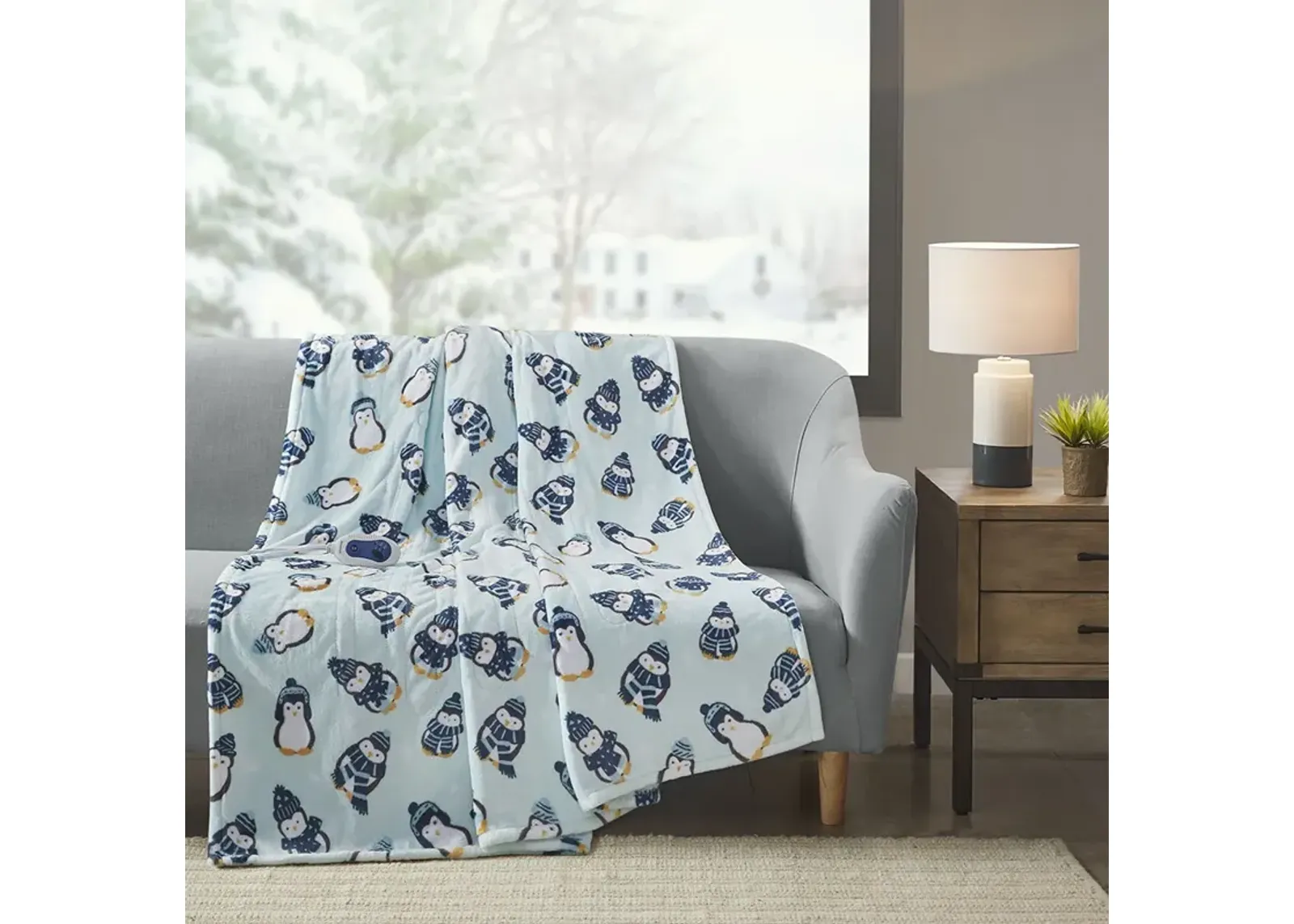 Beautyrest Oversized Plush Aqua Penguins Printed Heated Throw