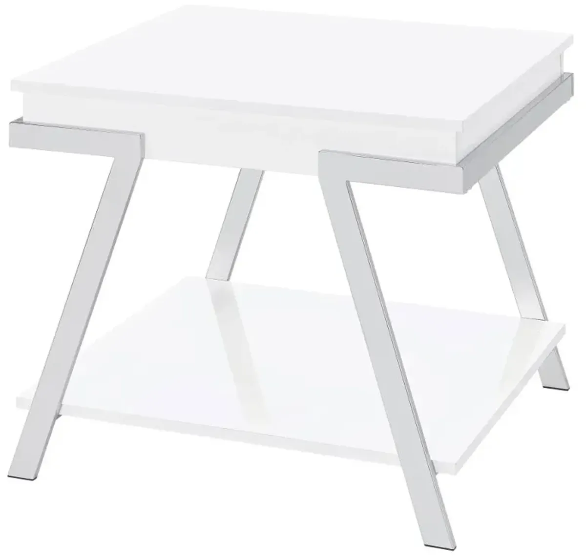 Marcia Wood Rectangular End Table White High Gloss and Chrome