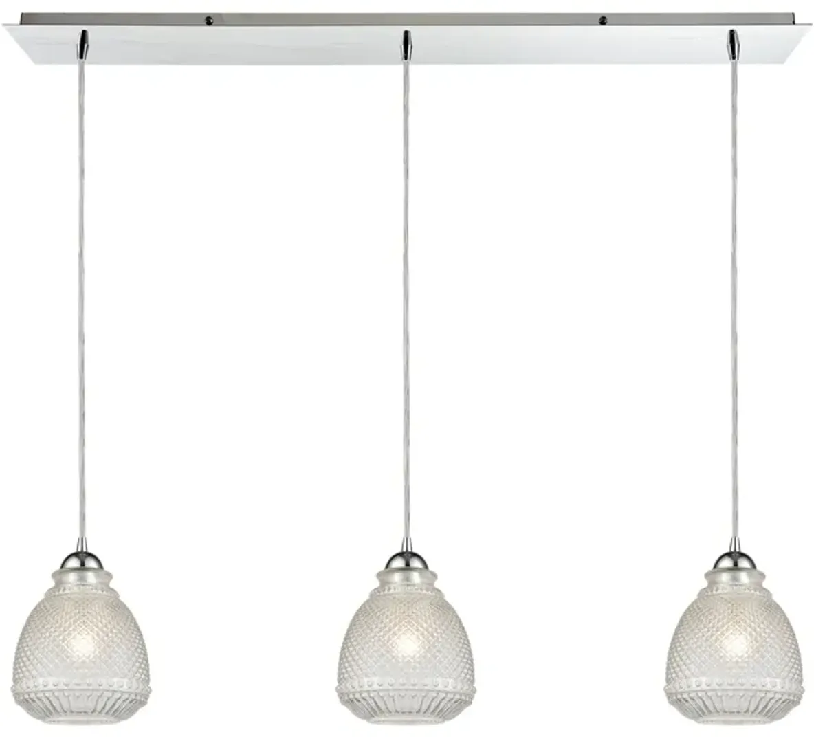 Victoriana 3-Light Linear Mini Pendant Fixture in Polished Chrome with Clear Crosshatched Glass