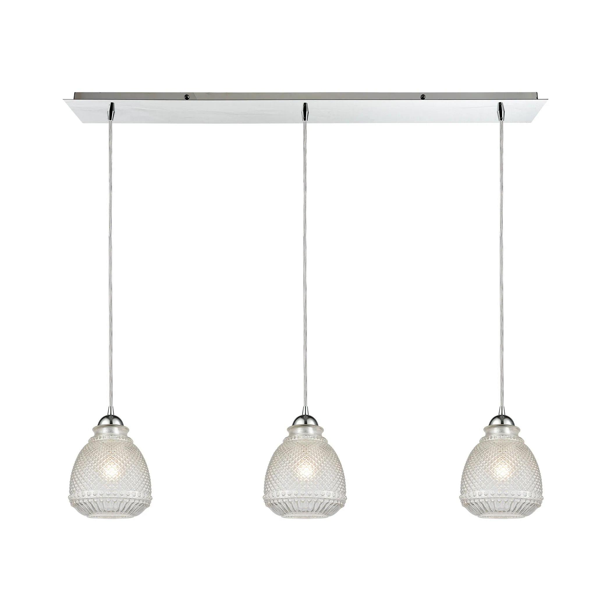 Victoriana 3-Light Linear Mini Pendant Fixture in Polished Chrome with Clear Crosshatched Glass