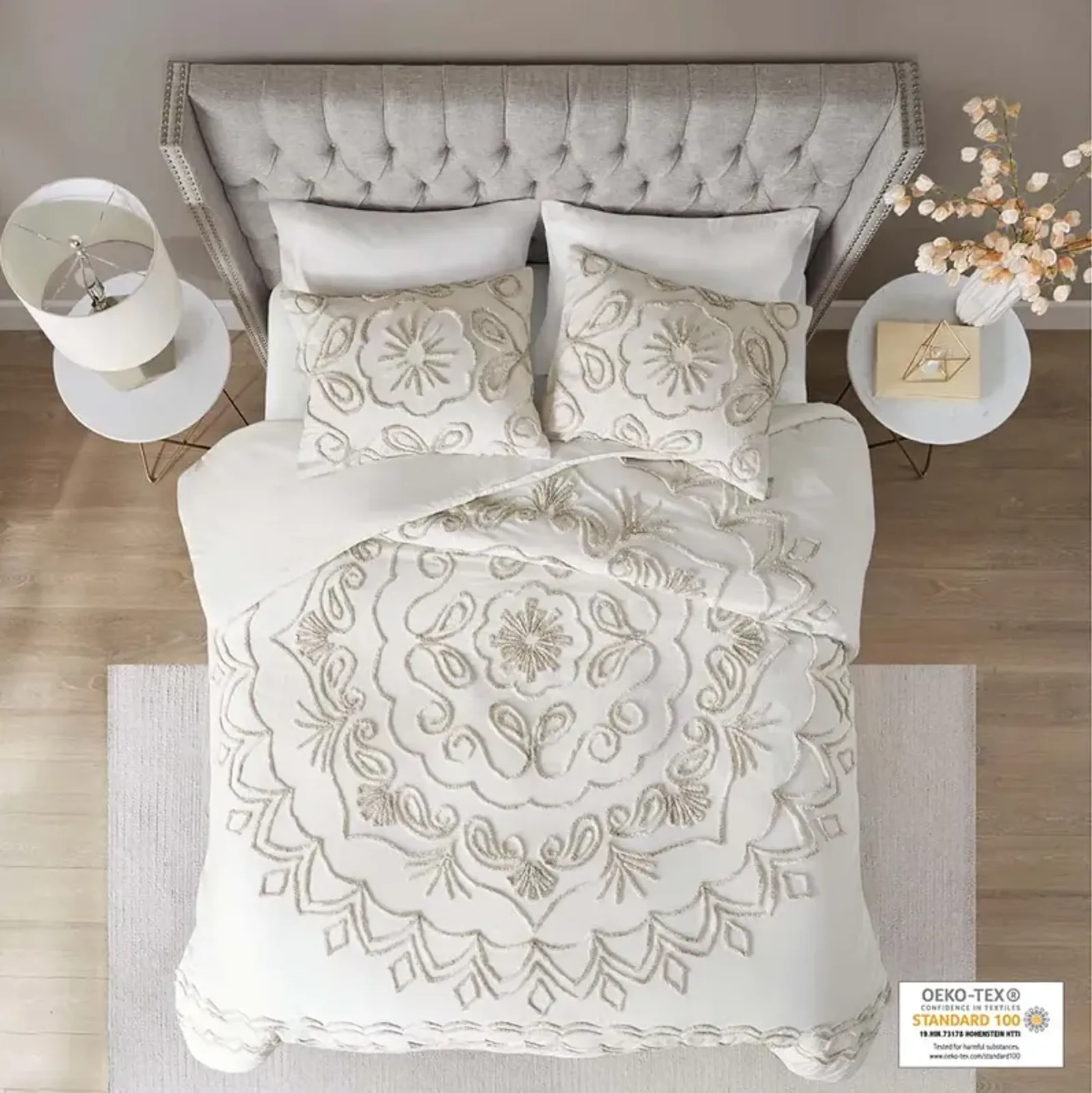 Madison Park Violette Ivory/Taupe 3 Piece Tufted Cotton Chenille Duvet Cover Set