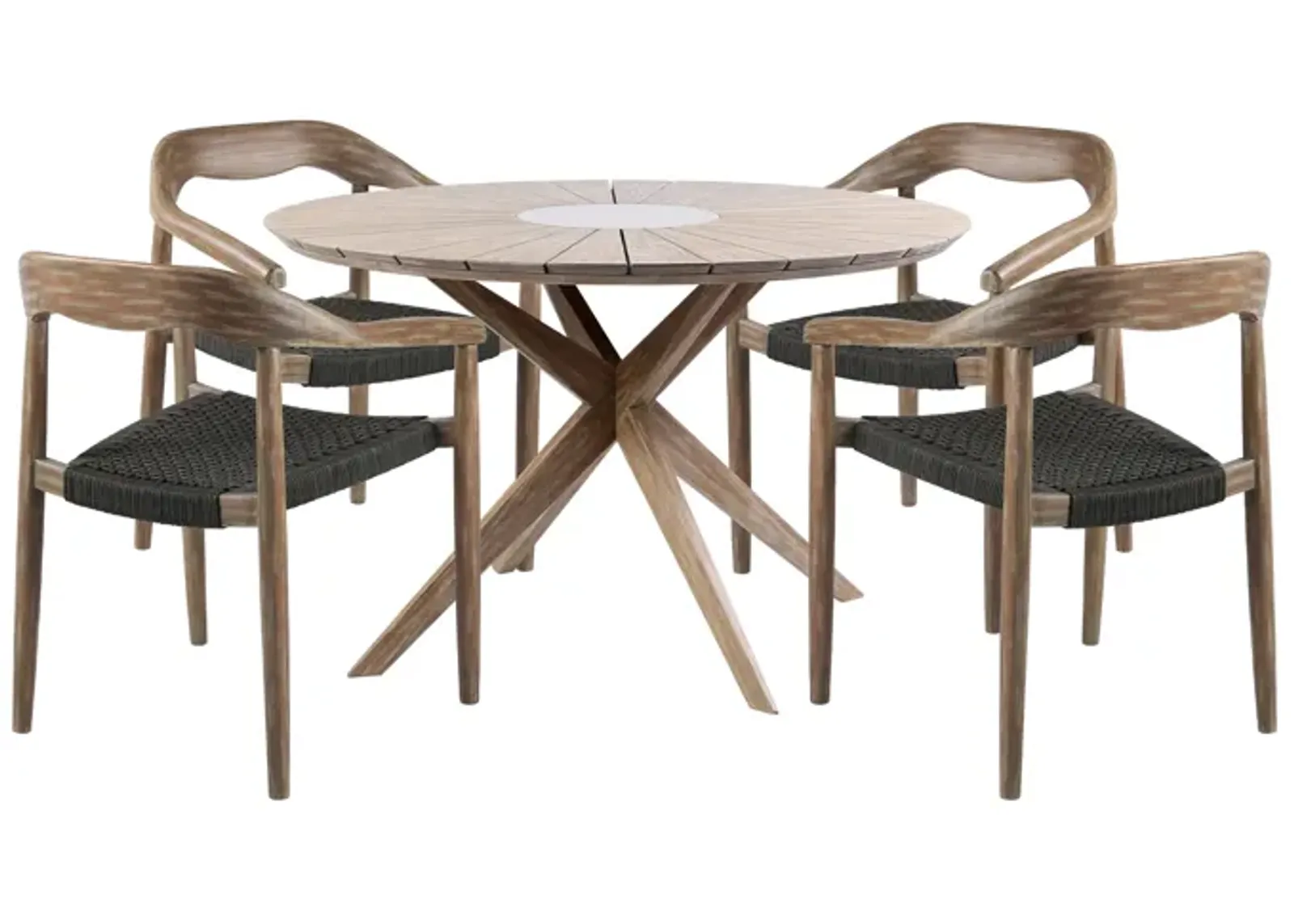 Oasis Santo Outdoor Patio 5 Piece Round Dining Set in Eucalyptus Wood and Charcoal Rope 