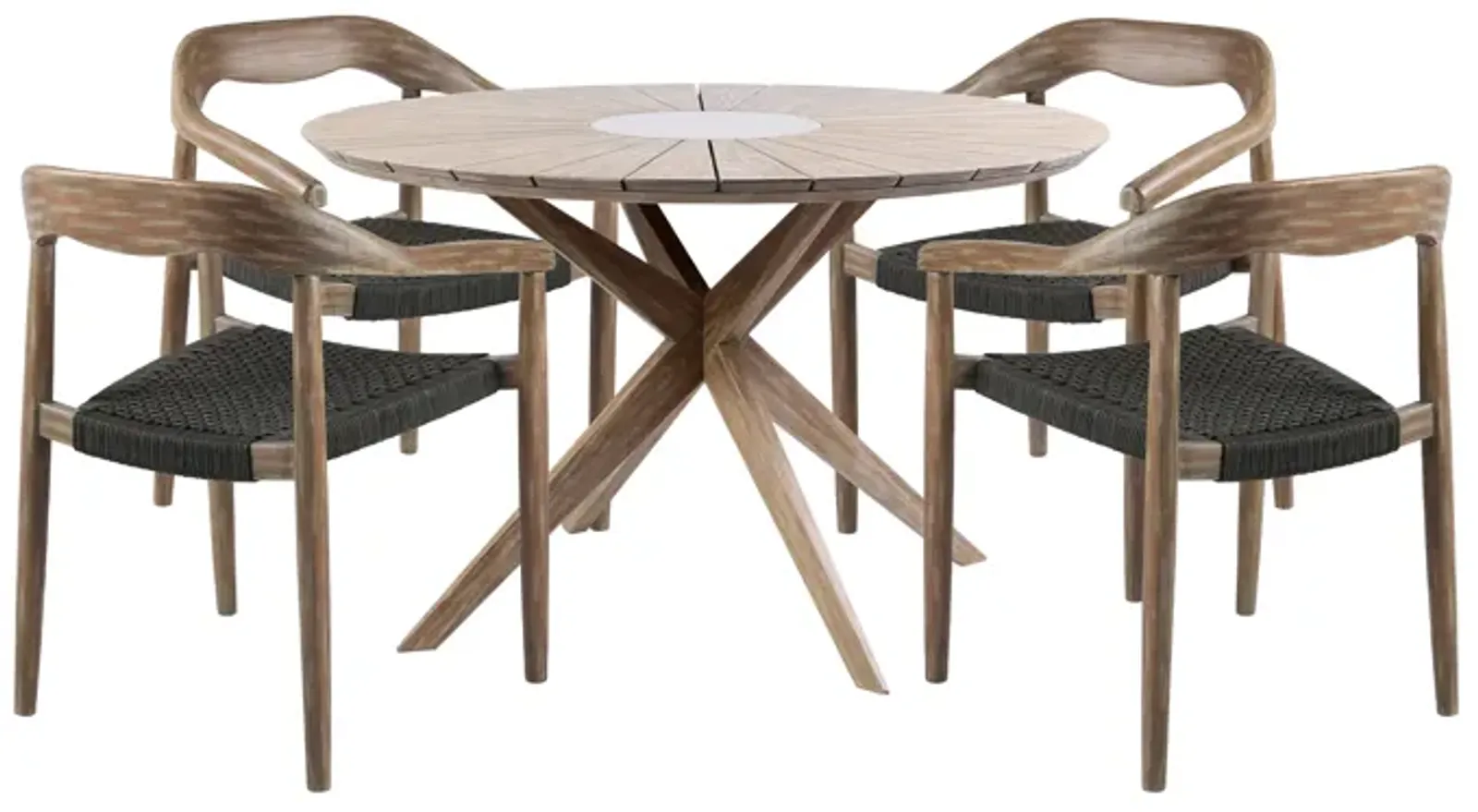 Oasis Santo Outdoor Patio 5 Piece Round Dining Set in Eucalyptus Wood and Charcoal Rope 