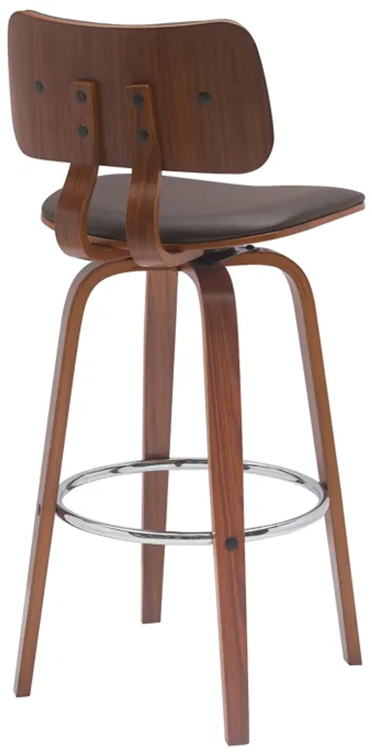 Pico 30" Swivel Walnut Wood Bar Stool in Brown Faux Leather with Chrome