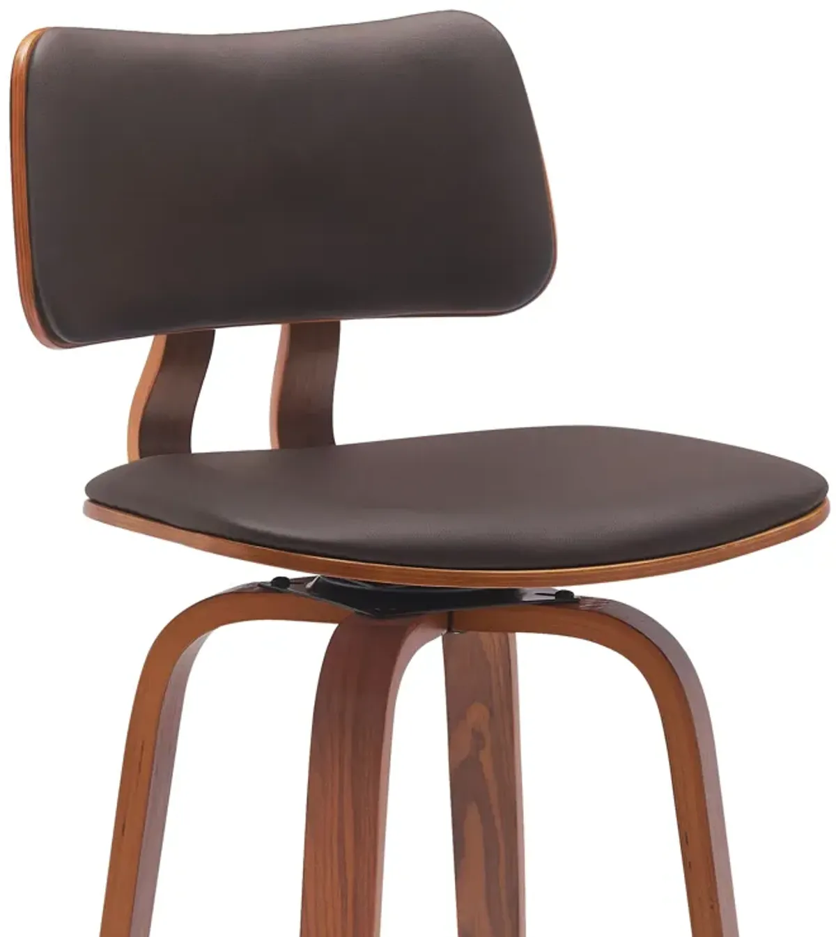 Pico 30" Swivel Walnut Wood Bar Stool in Brown Faux Leather with Chrome