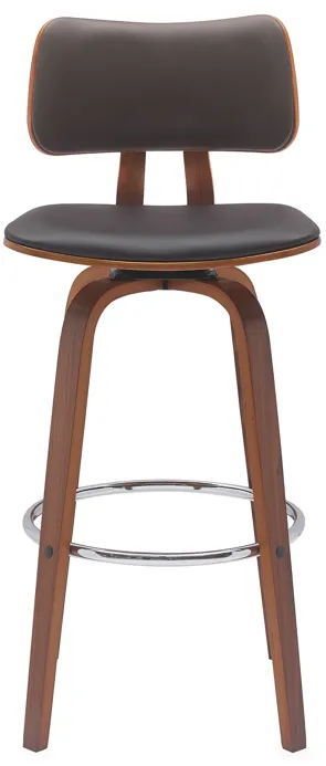 Pico 30" Swivel Walnut Wood Bar Stool in Brown Faux Leather with Chrome