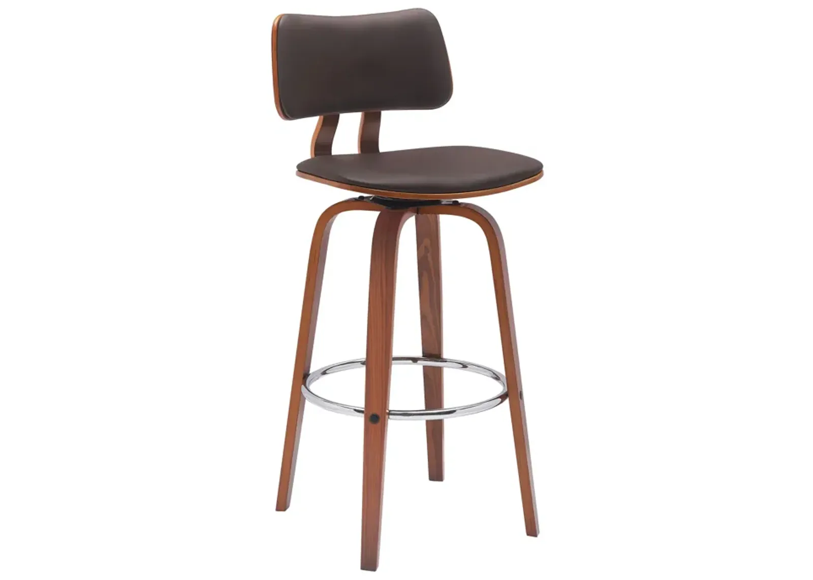 Pico 30" Swivel Walnut Wood Bar Stool in Brown Faux Leather with Chrome