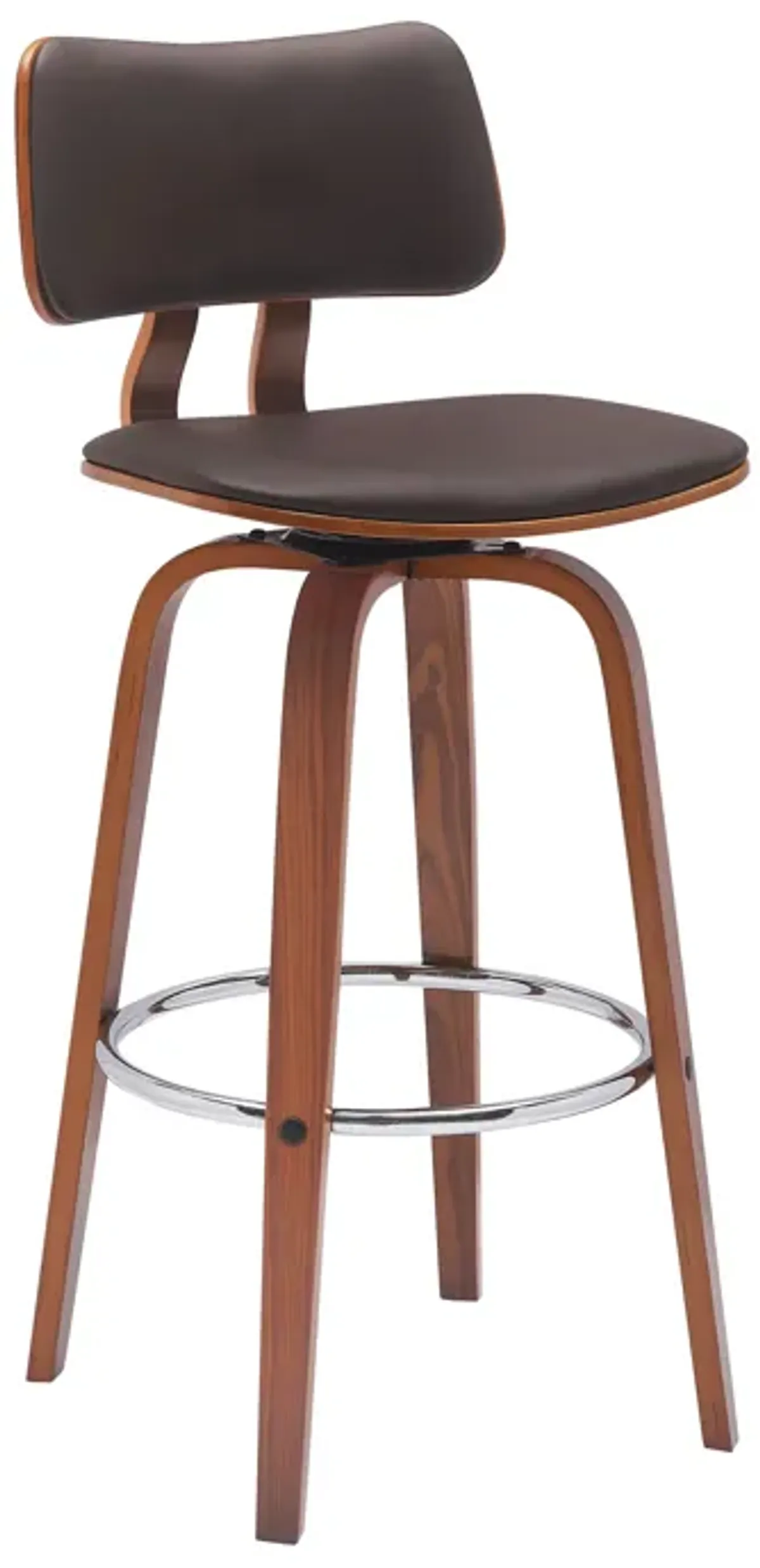 Pico 30" Swivel Walnut Wood Bar Stool in Brown Faux Leather with Chrome