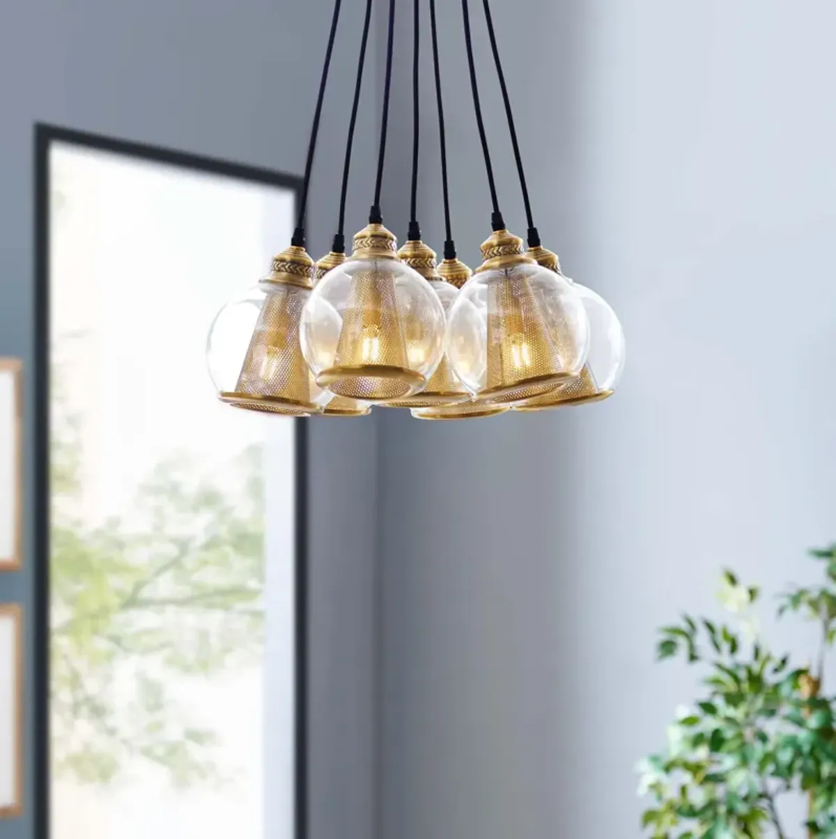 Peak Brass Cone and Glass Globe Cluster Pendant Chandelier