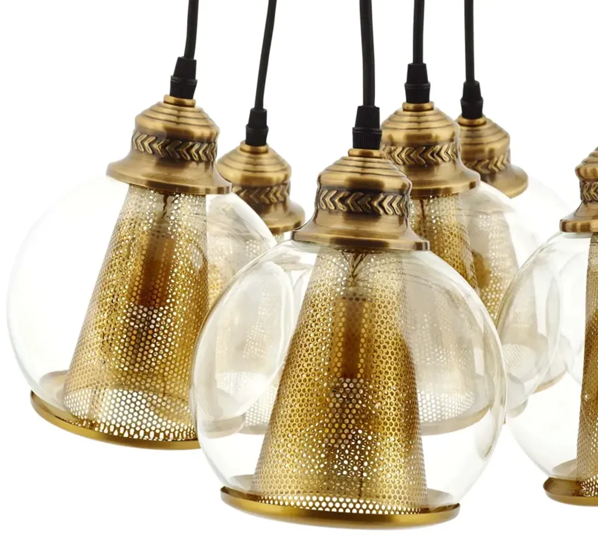 Peak Brass Cone and Glass Globe Cluster Pendant Chandelier