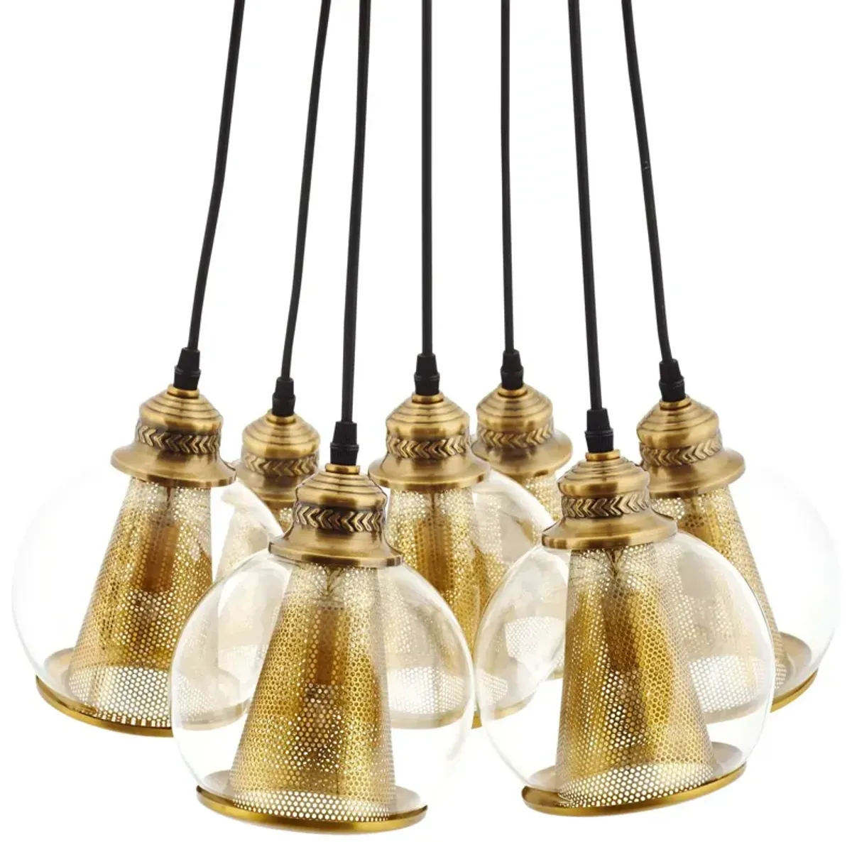 Peak Brass Cone and Glass Globe Cluster Pendant Chandelier