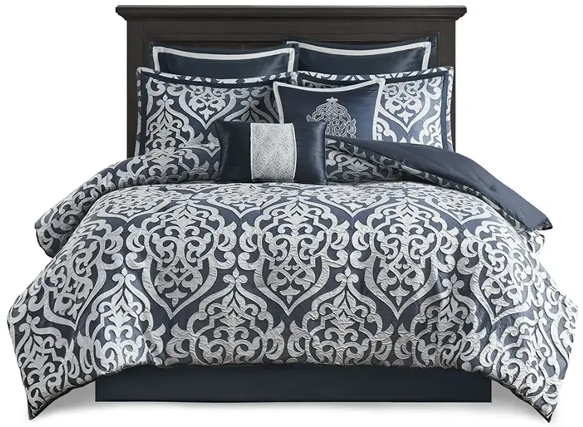 Madison Park Odette Navy/Silver 8 Piece Jacquard Comforter Set