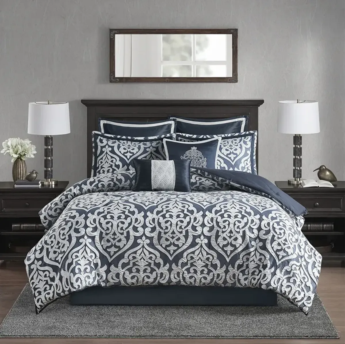 Madison Park Odette Navy/Silver 8 Piece Jacquard Comforter Set