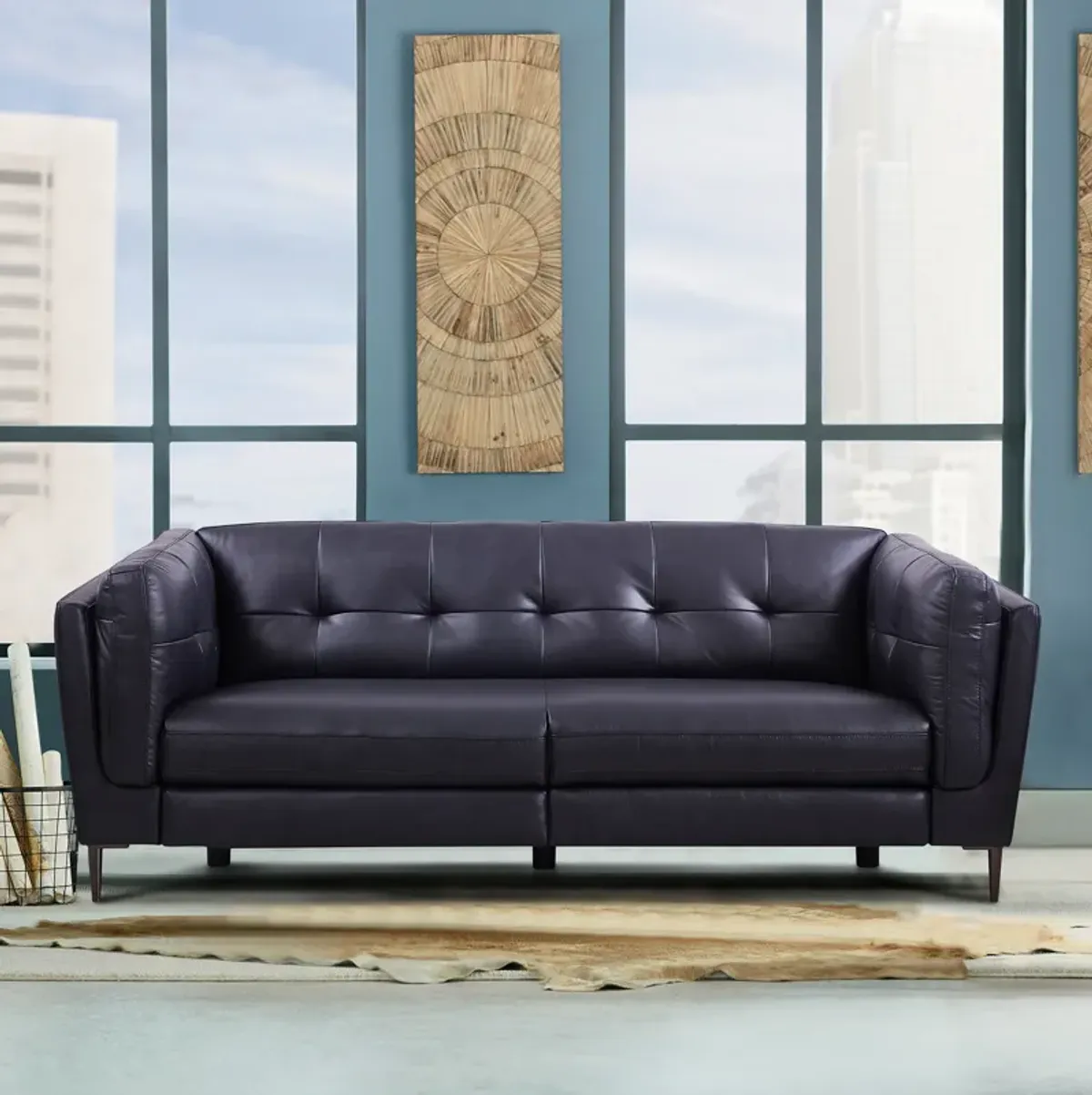 Primrose Contemporary Sofa in Dark Metal Finish and Navy Genuine Leather