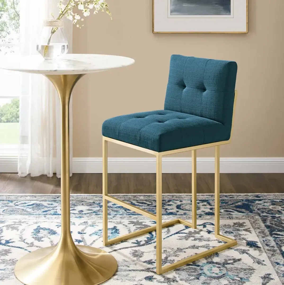 Privy Gold Stainless Steel Upholstered Fabric Bar Stool