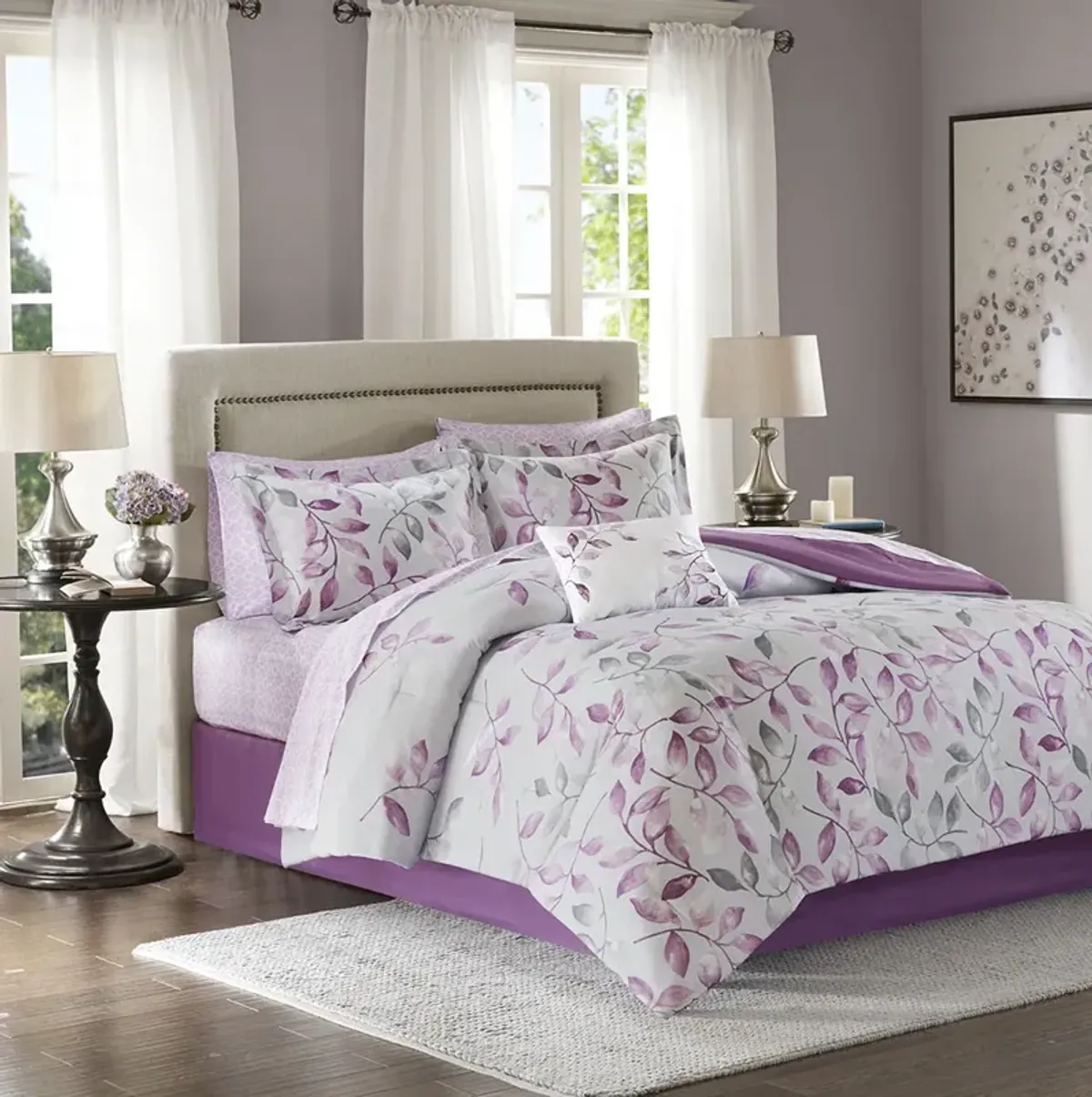 Madison Park Essentials Lafael Purple 7 Piece Comforter Set with Cotton Bed Sheets