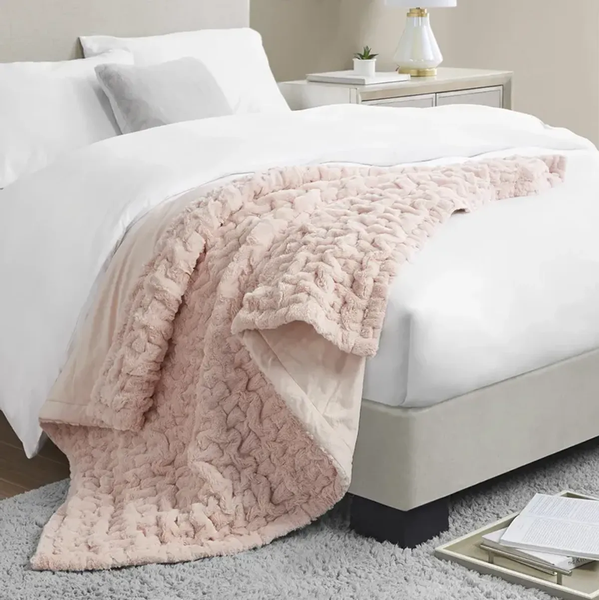 Madison Park Ruched Fur Blush Throw