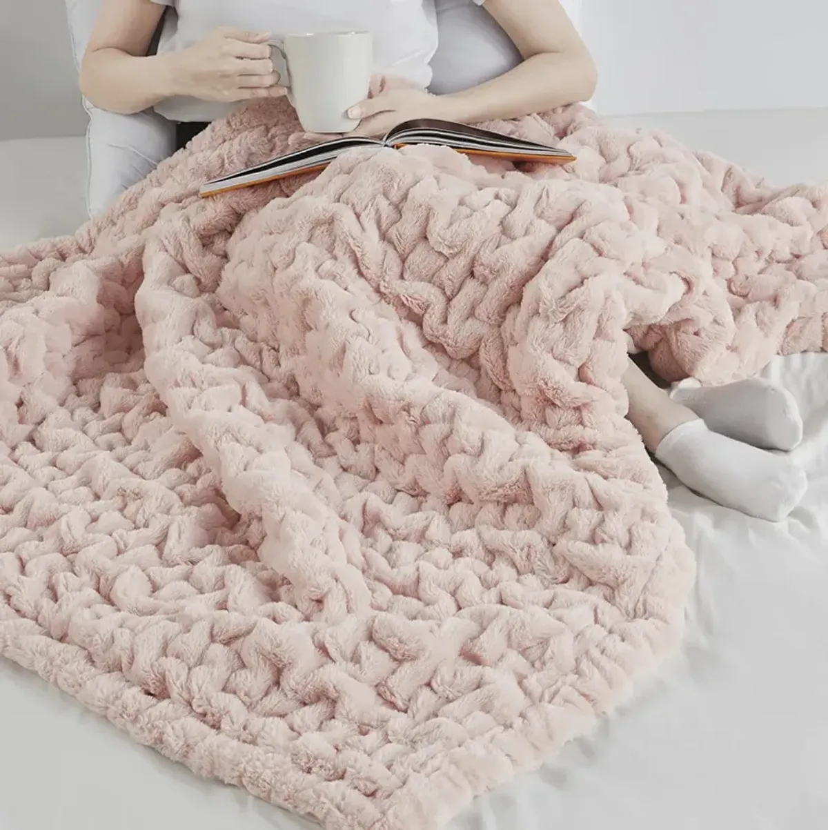 Madison Park Ruched Fur Blush Throw