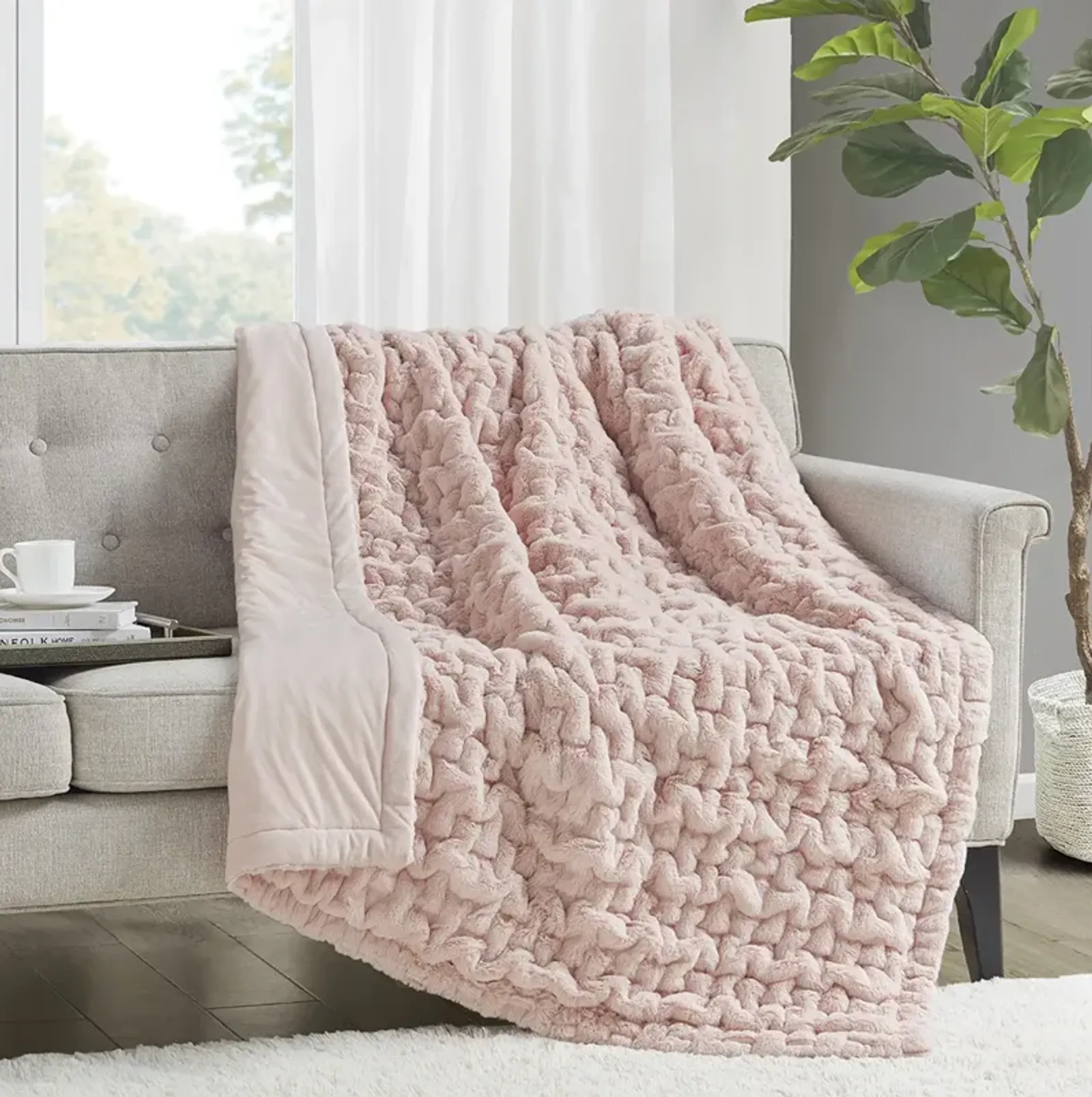 Madison Park Ruched Fur Blush Throw