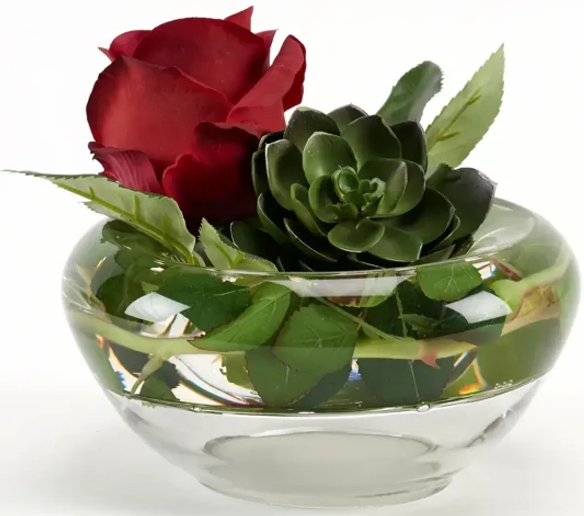 Red Natural Touch Rose And Small Echeveria in Glass Bowl