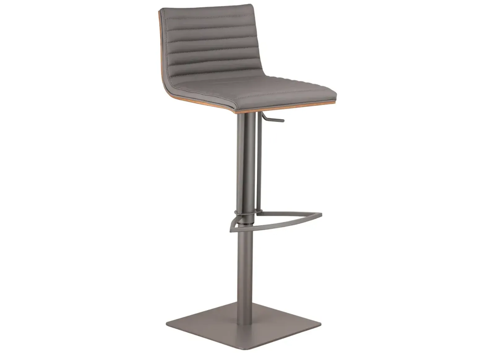 Caf� Adjustable Height Swivel Grey Faux Leather and Walnut Wood Bar Stool with Grey Metal Base