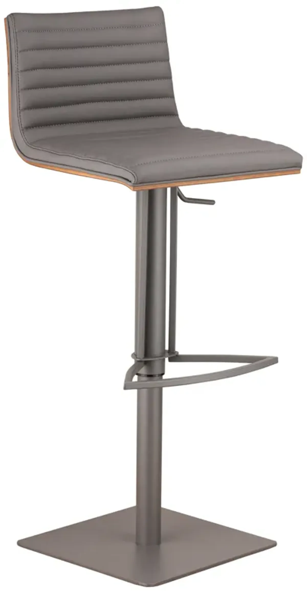 Caf� Adjustable Height Swivel Grey Faux Leather and Walnut Wood Bar Stool with Grey Metal Base