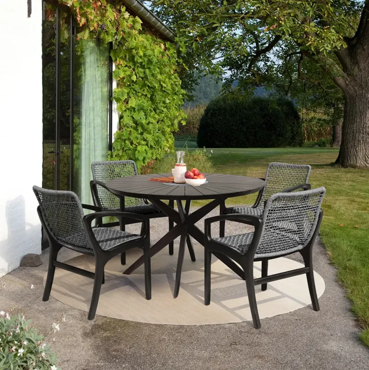 Brighton Outdoor Patio Dining Chair in Dark Eucalyptus Wood and Gray Rope