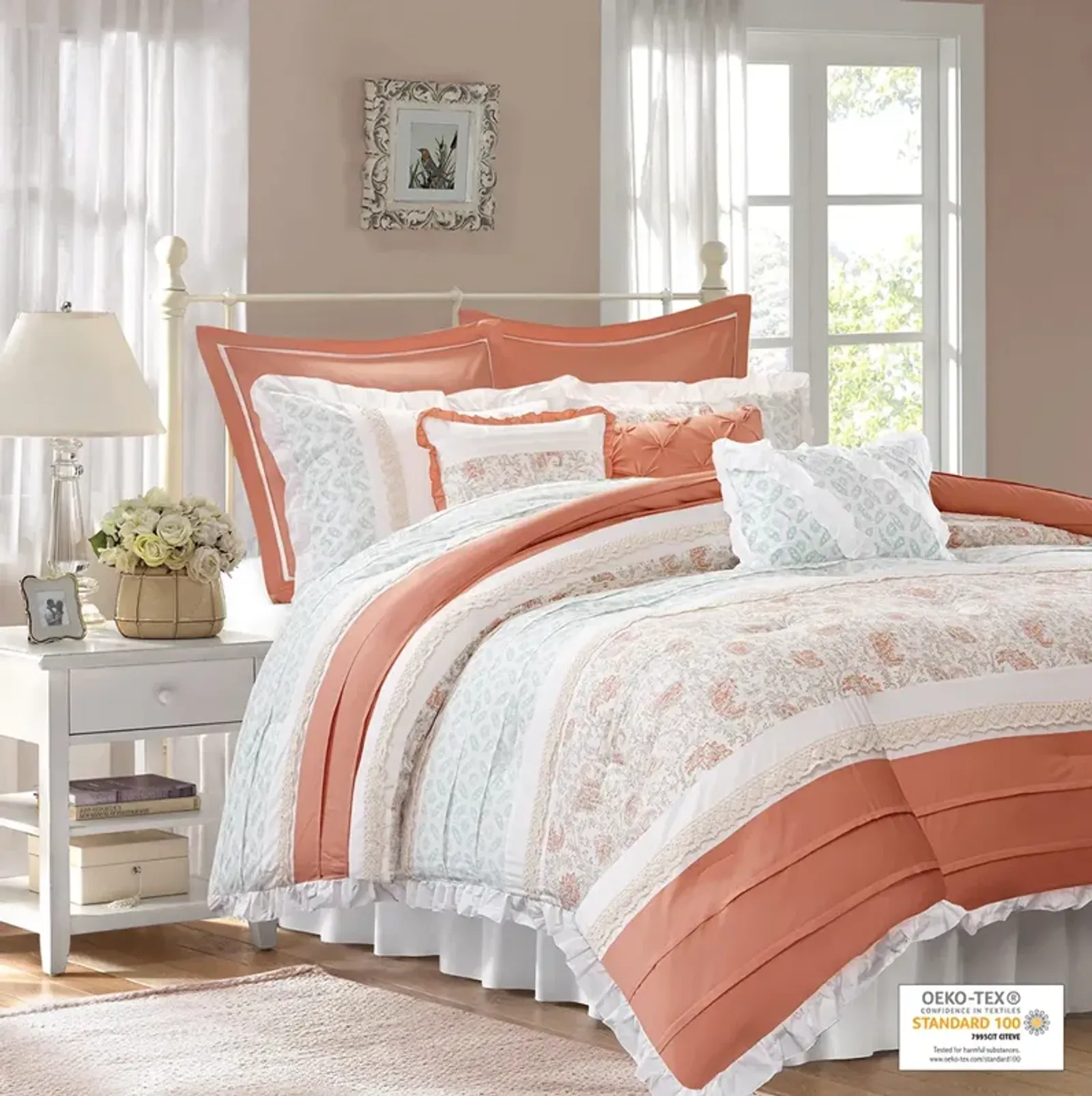 Madison Park Dawn Coral 9 Piece Cotton Percale Comforter Set