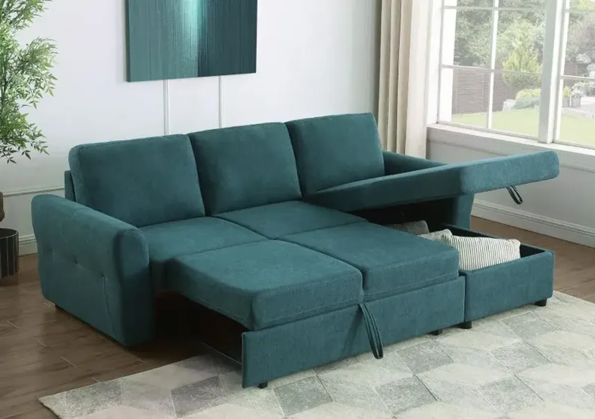 Samantha Upholstered Sleeper Sofa Sectional with Storage Chaise Teal Blue