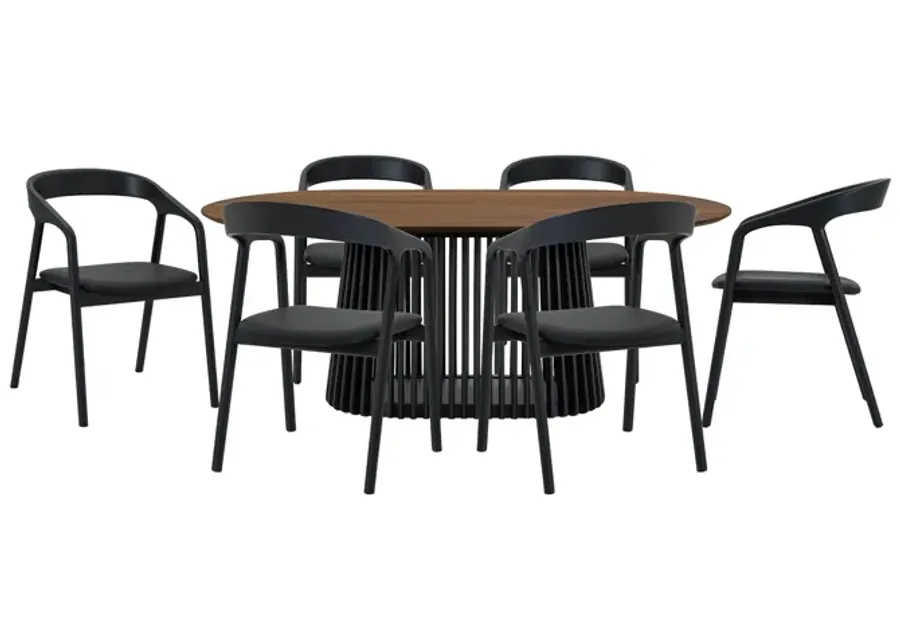 Pasadena Apache 7 Piece Oval Dining Set in Walnut and Black Oak Finish with Faux Leather 