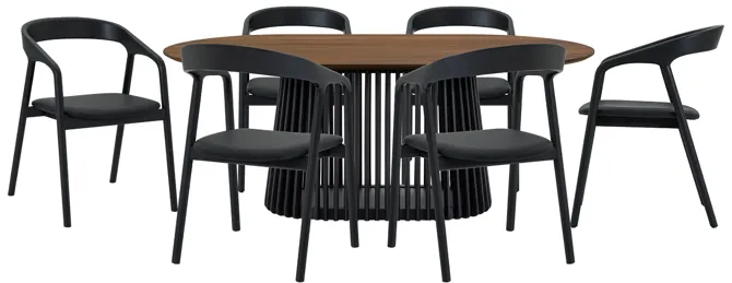 Pasadena Apache 7 Piece Oval Dining Set in Walnut and Black Oak Finish with Faux Leather 