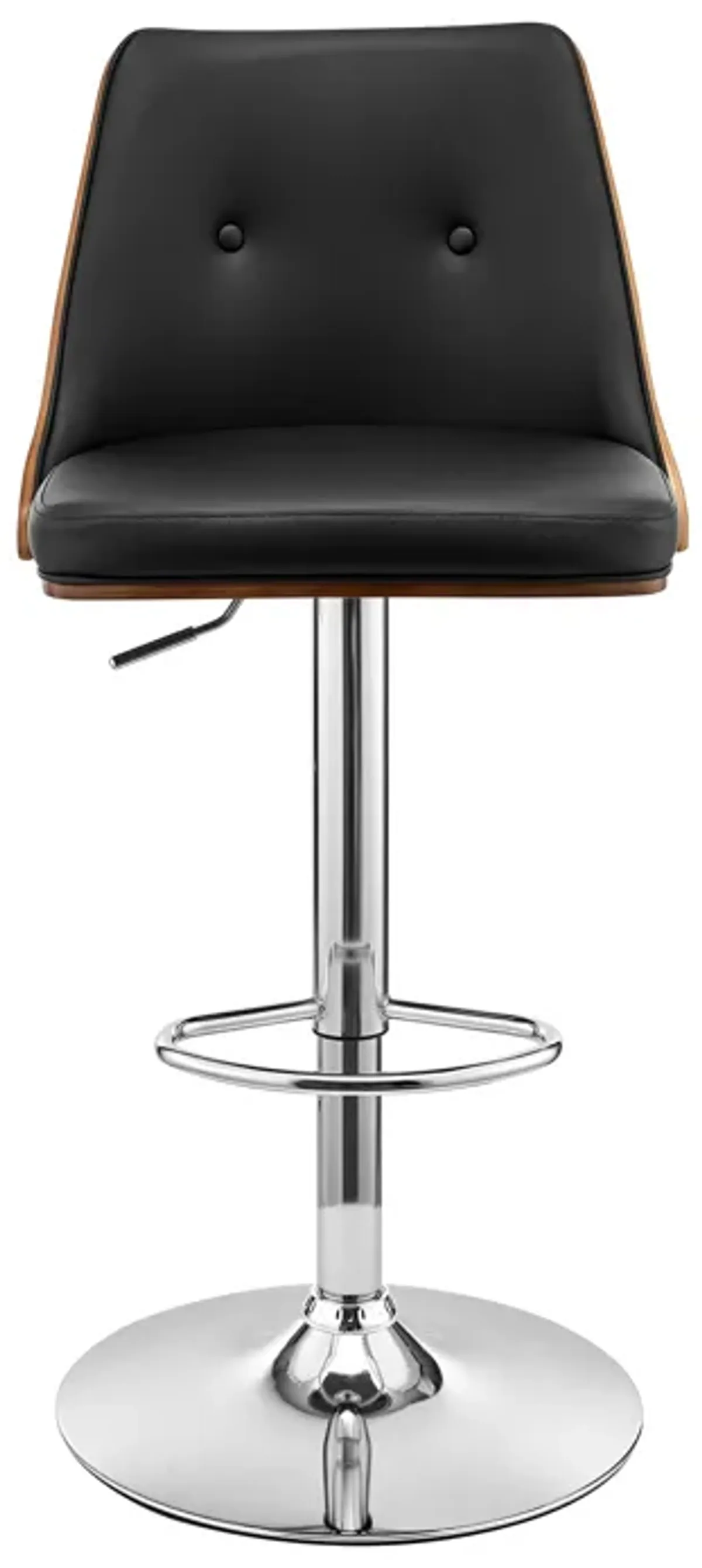 Jacob Adjustable Swivel Black Faux Leather and Walnut Wood Bar Stool with Chrome Base