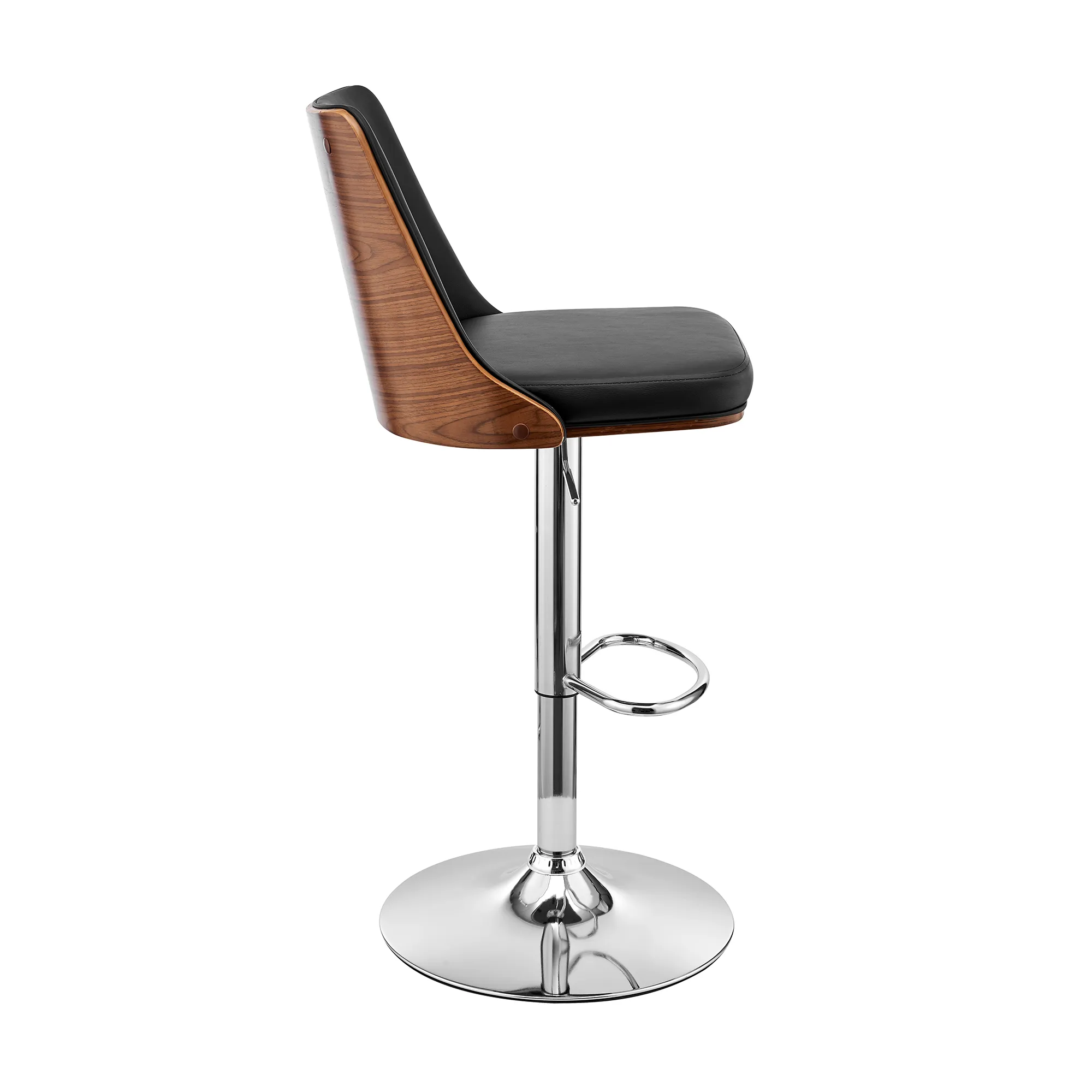 Jacob Adjustable Swivel Black Faux Leather and Walnut Wood Bar Stool with Chrome Base