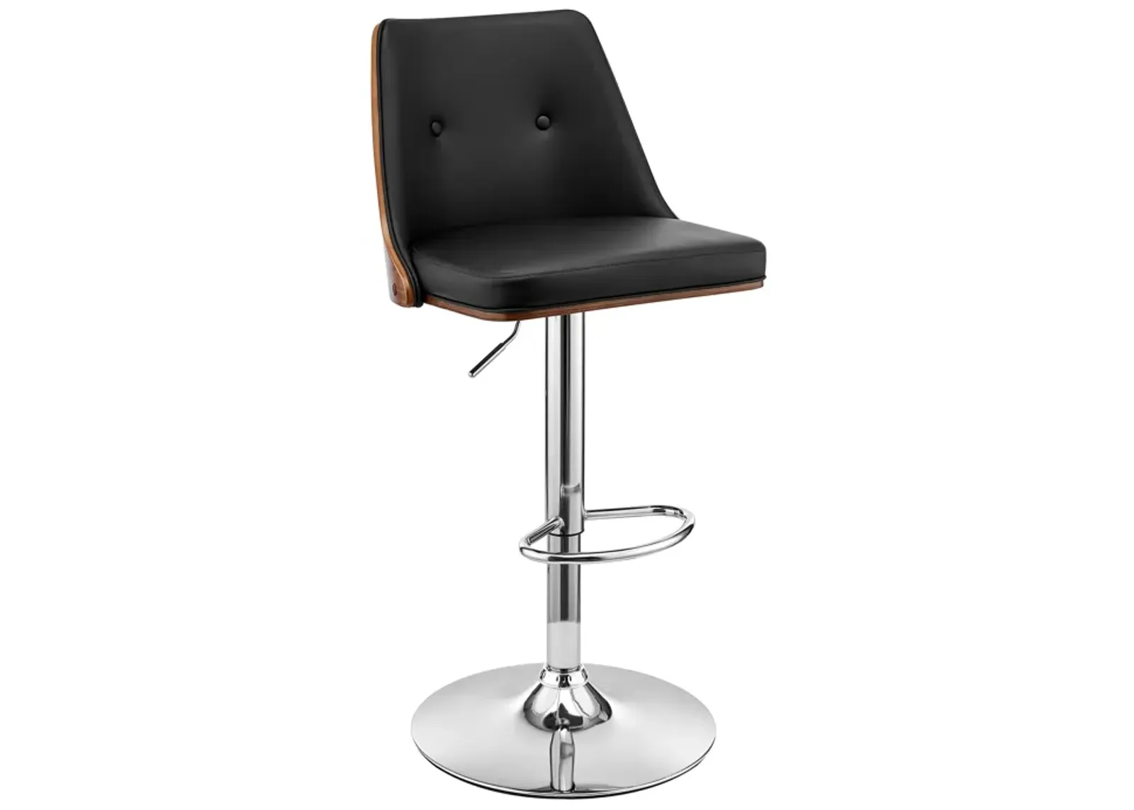 Jacob Adjustable Swivel Black Faux Leather and Walnut Wood Bar Stool with Chrome Base