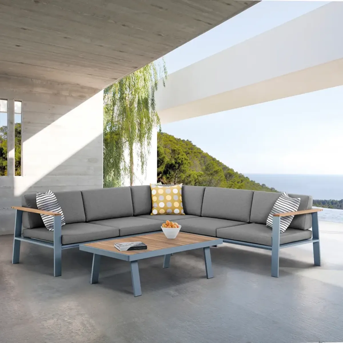 Nofi Outdoor Patio Sectional Set in Gray Finish with Gray Cushions and Teak Wood