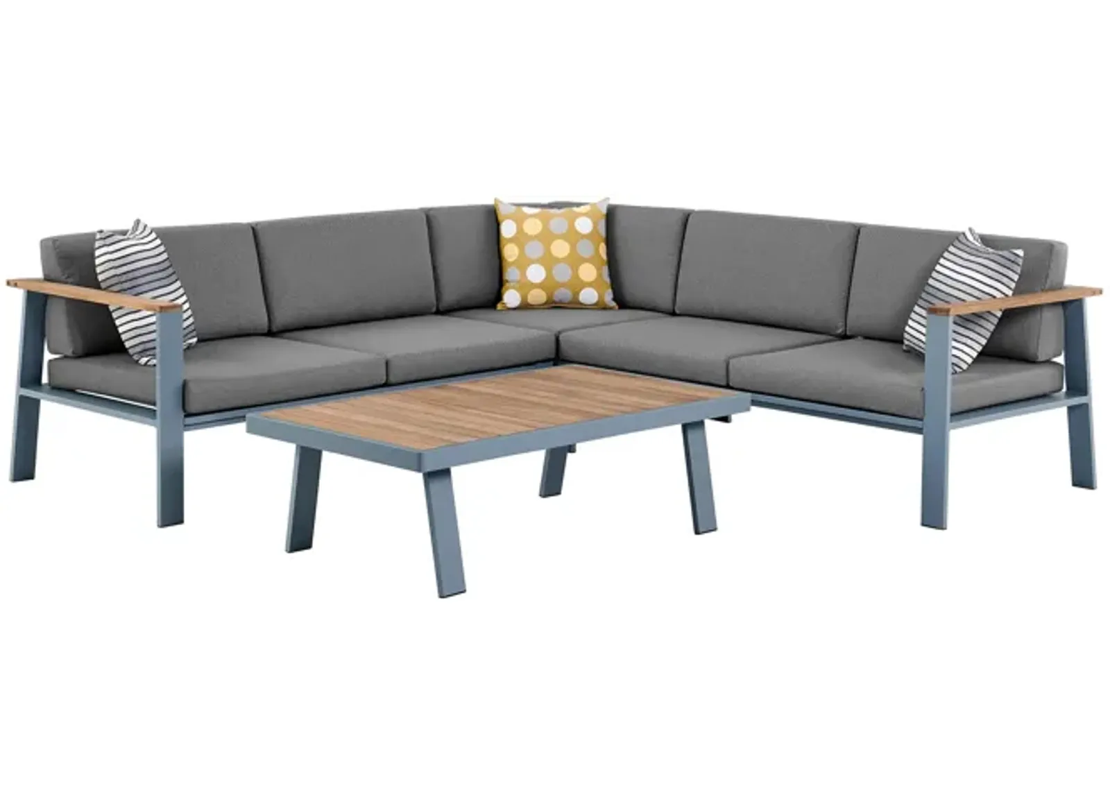 Nofi Outdoor Patio Sectional Set in Gray Finish with Gray Cushions and Teak Wood