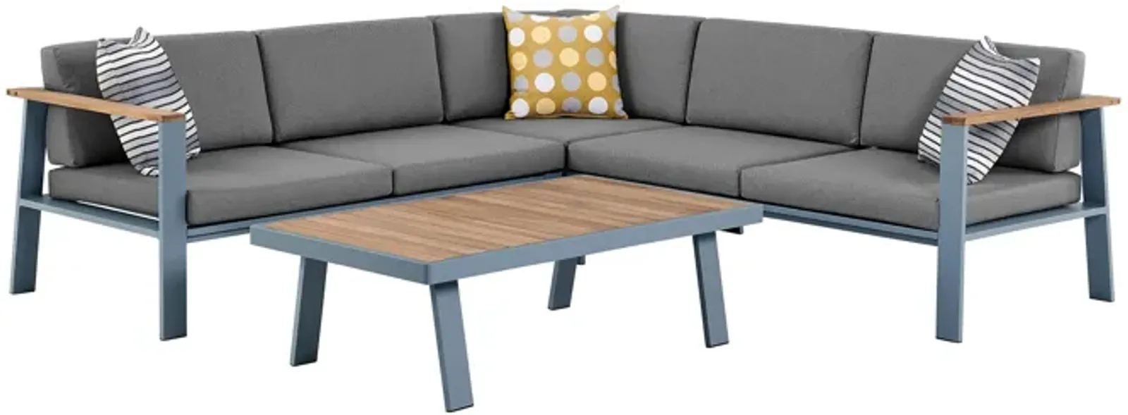 Nofi Outdoor Patio Sectional Set in Gray Finish with Gray Cushions and Teak Wood