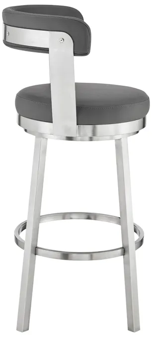 Bryant 30" Bar Height Swivel Bar Stool in Brushed Stainless Steel Finish and Gray Faux Leather