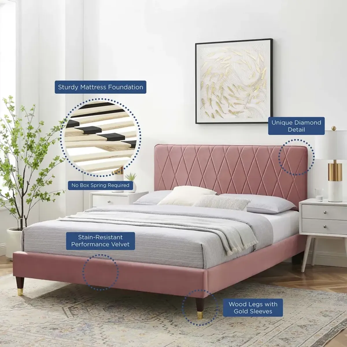 Phillipa Performance Velvet Queen Platform Bed