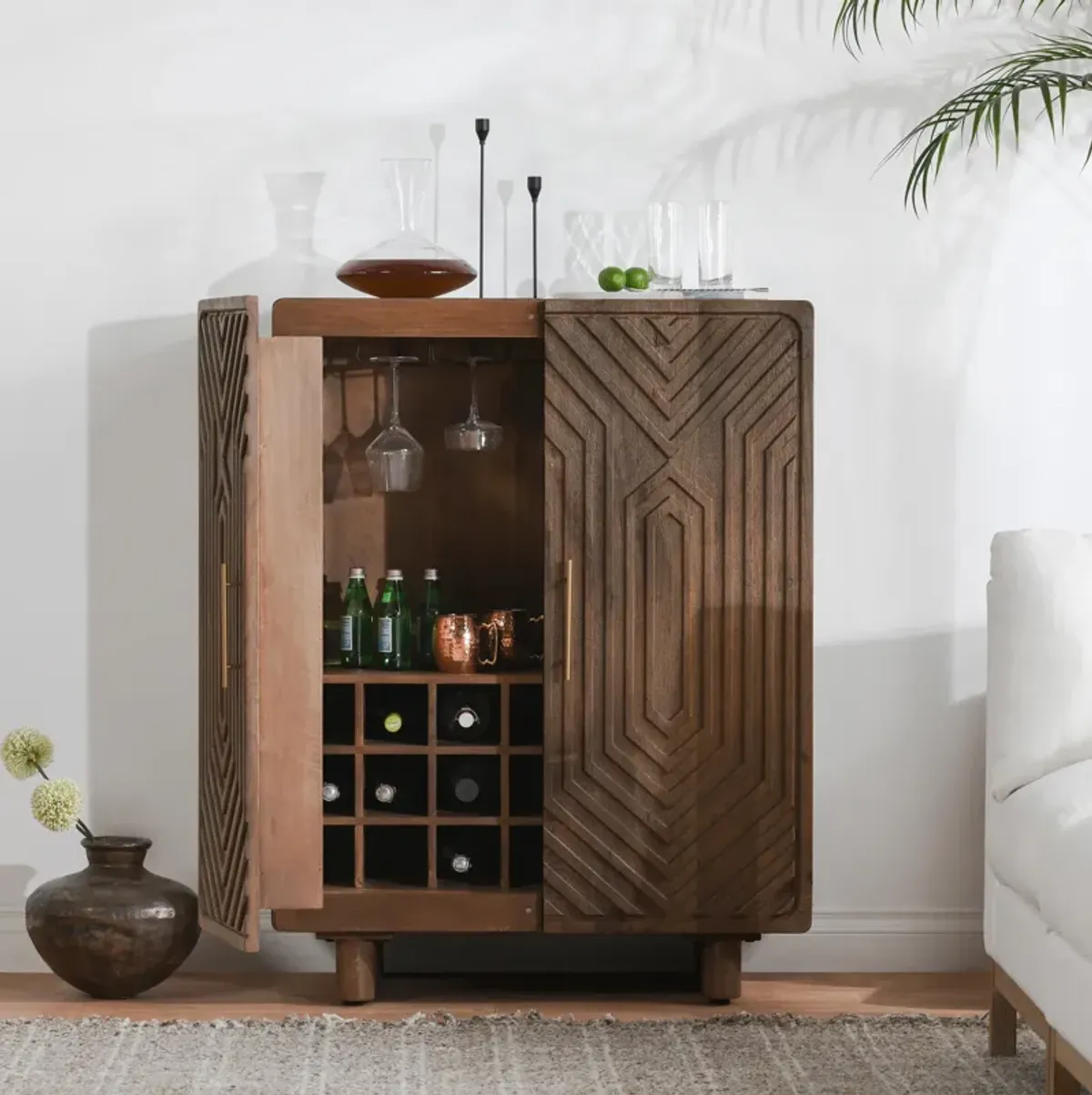 Holmes Mango Wood Carved Bar Cabinet in Brown 