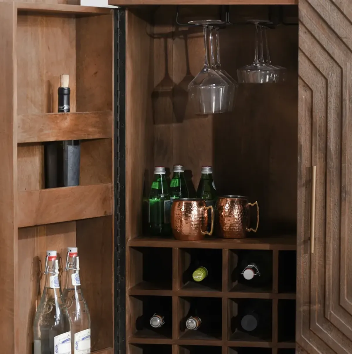 Holmes Mango Wood Carved Bar Cabinet in Brown 