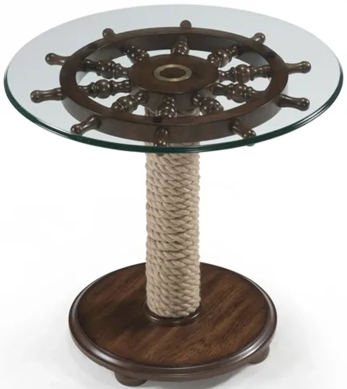 Beafort Round Accent Table with Dark Oak Base and Glass Top